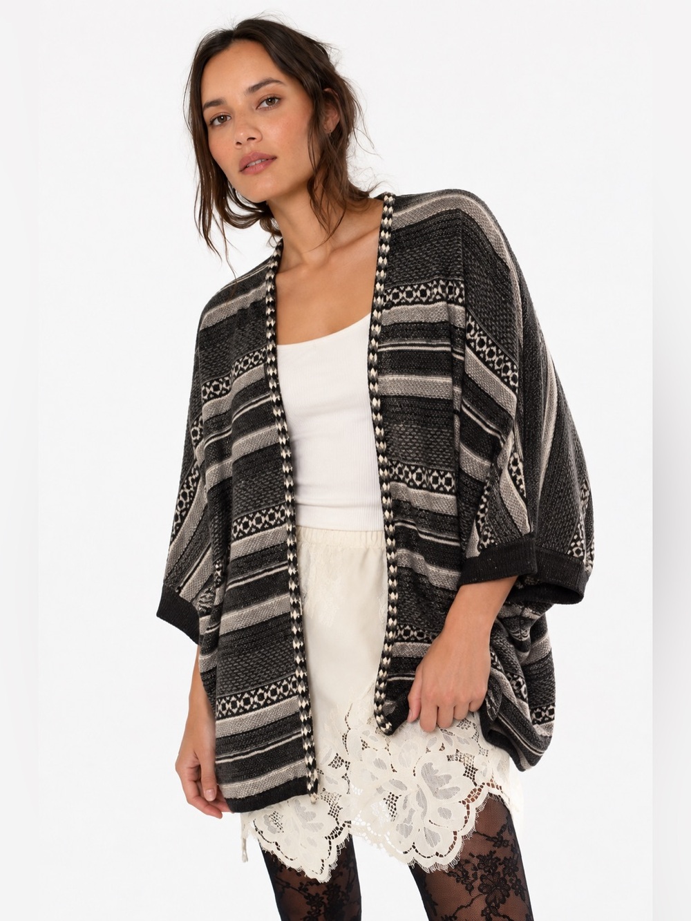 Element 100% cotton Striped Open-Front Knit Cardigan - Black & Gray